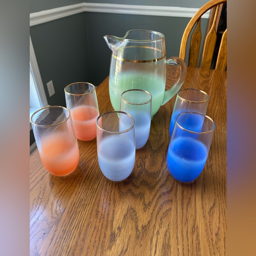EUC Vintage Blendo Multi-colored Pitcher & 6 Glasses Set